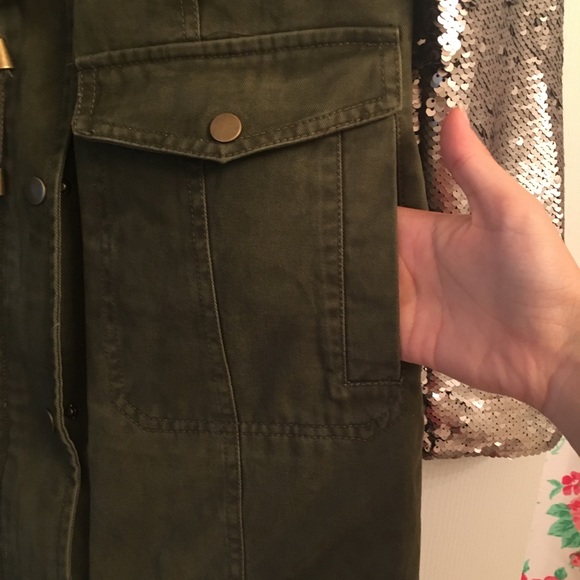 Army Green with Sequin Arms Jacket / Coat - Picture 3 of 7
